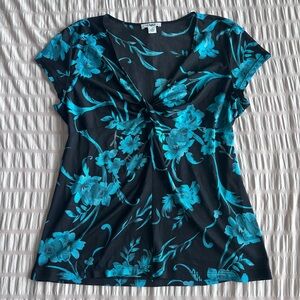 CATO Sheer Black and Teal Floral Mesh V-Neck Top (XL)